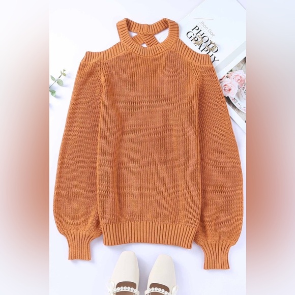 Cold-Shoulder Open Back Sweater Brown - Picture 1 of 6